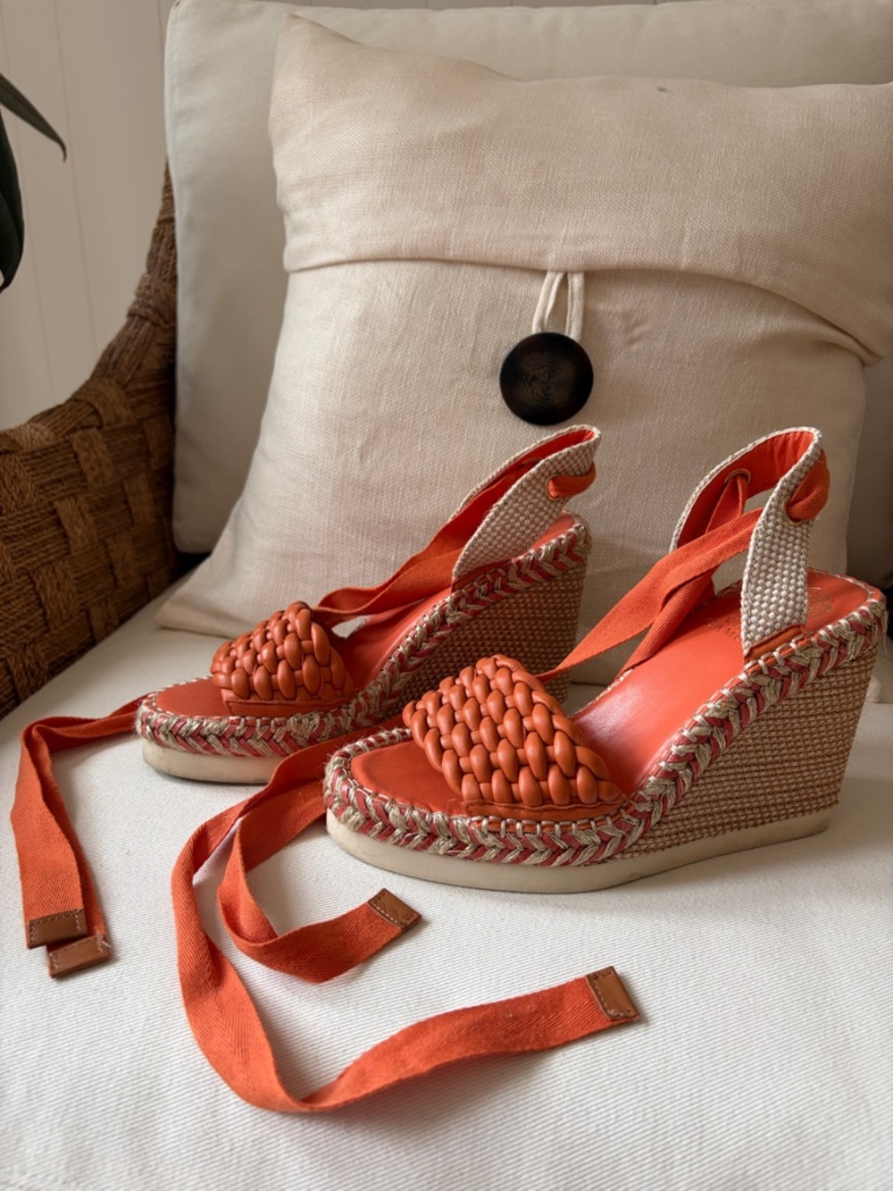 Vince Camuto Orange Woven Espadrille Wedge Sandals with Ankle Tie